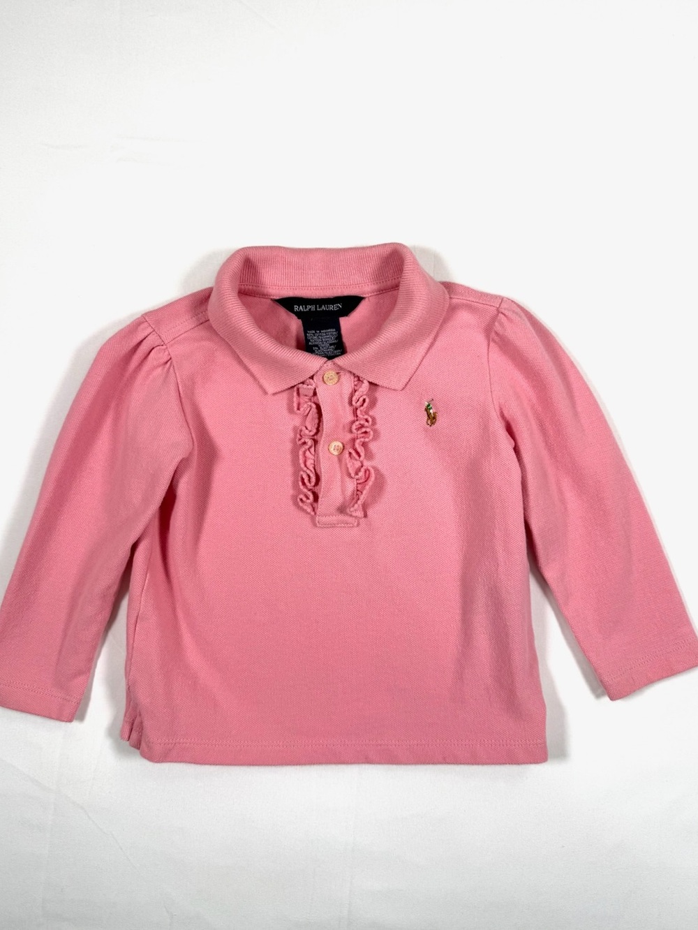 RALPH LAUREN Baby Girls Pink Ruffle Polo Shirt Long Sleeve 18 Months Cotton